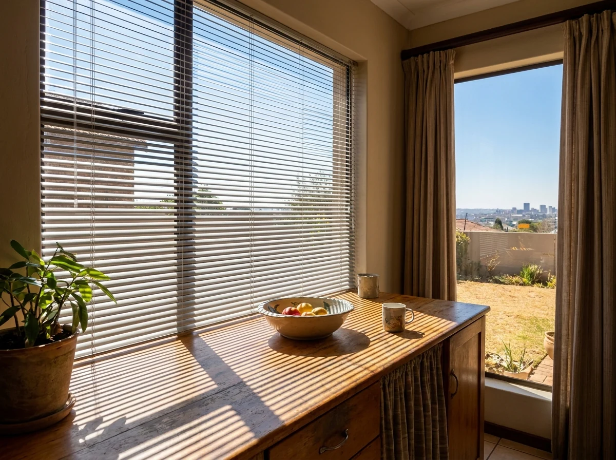 Aluminium venetian blind slats tilted open over a kitchen breakfast nook window