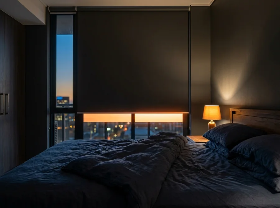 Charcoal blockout roller blind lowered at dusk in a Sandown tower bedroom, a thin line of sunset glowing beneath its edge