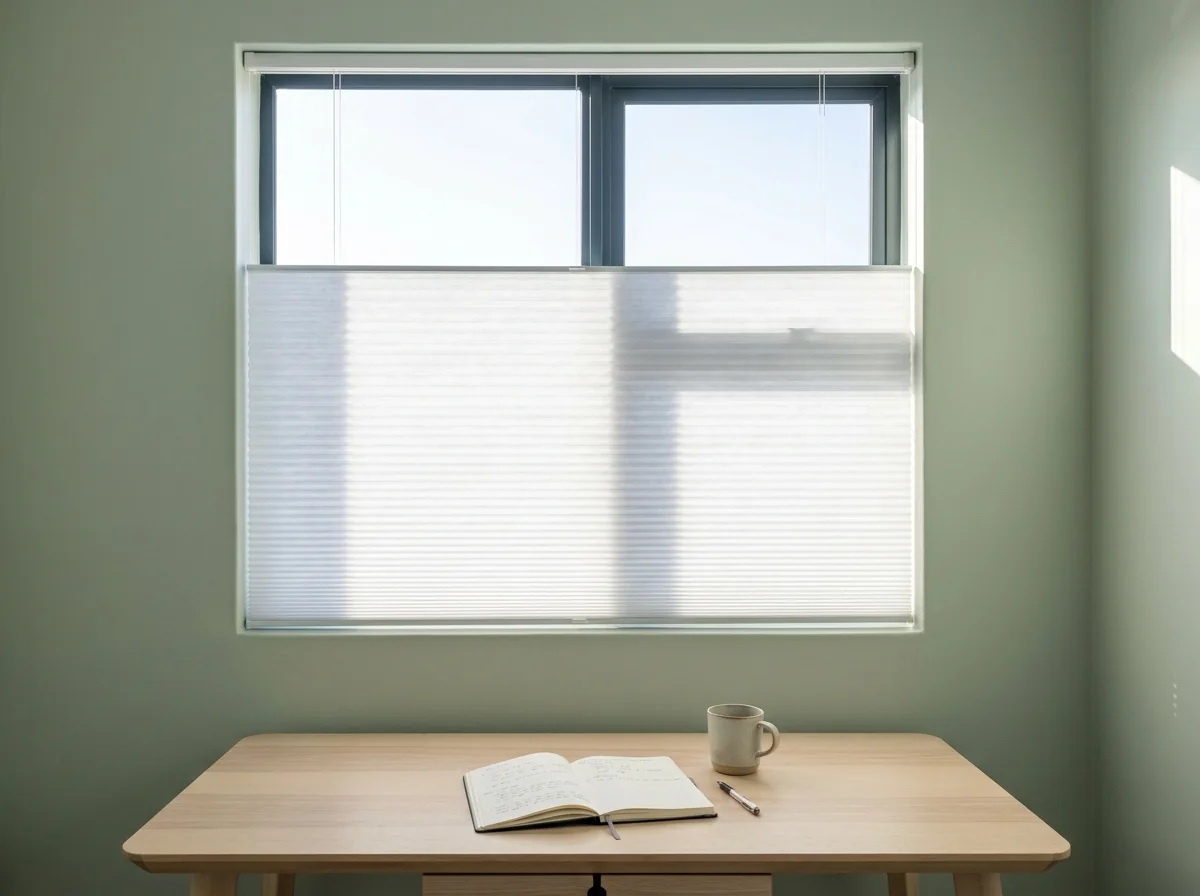 White cellular honeycomb blind lowered halfway over a Sandown study window, morning light glowing through the pleats above a desk