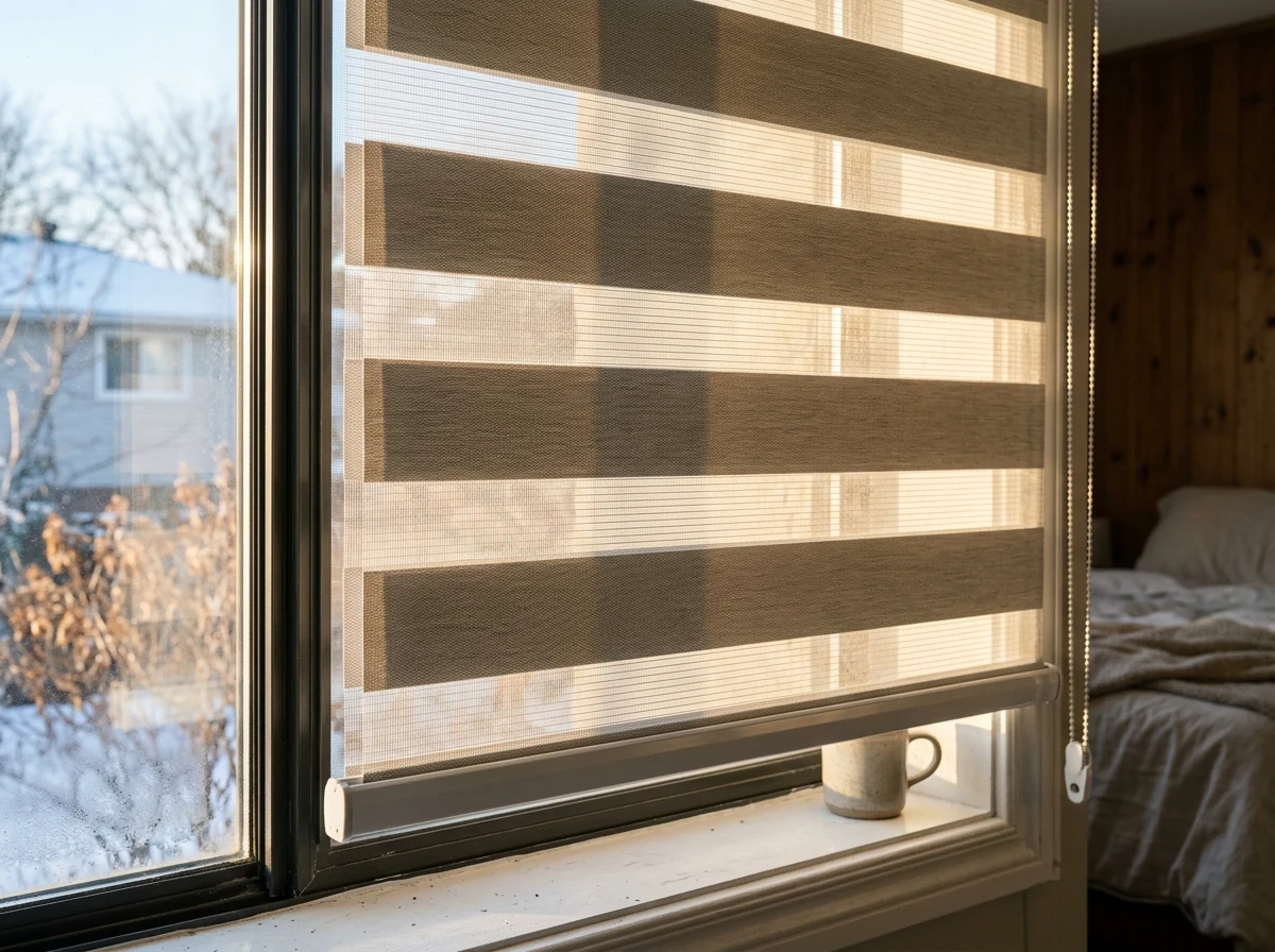 Close-up of a day/night zebra blind's alternating sheer and solid bands catching low winter sun