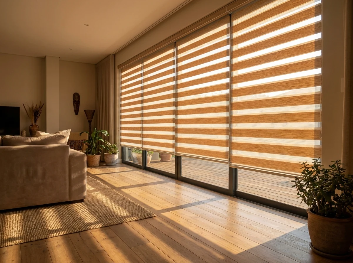 Day/night zebra blind drawn two-thirds down a lounge window in an Illovo home, afternoon light striping across the floor