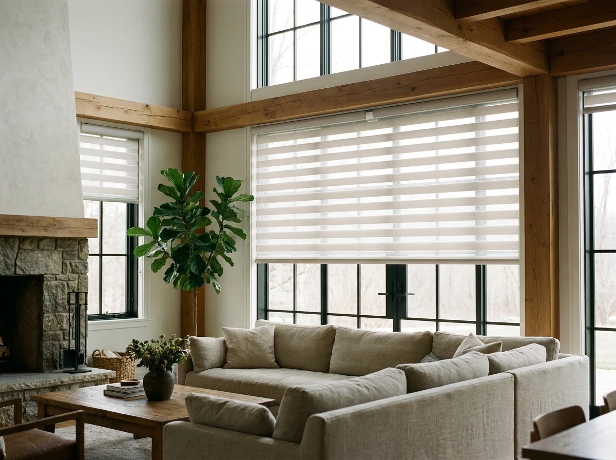 Motorised day/night zebra blind mid-adjustment in a double-volume living room