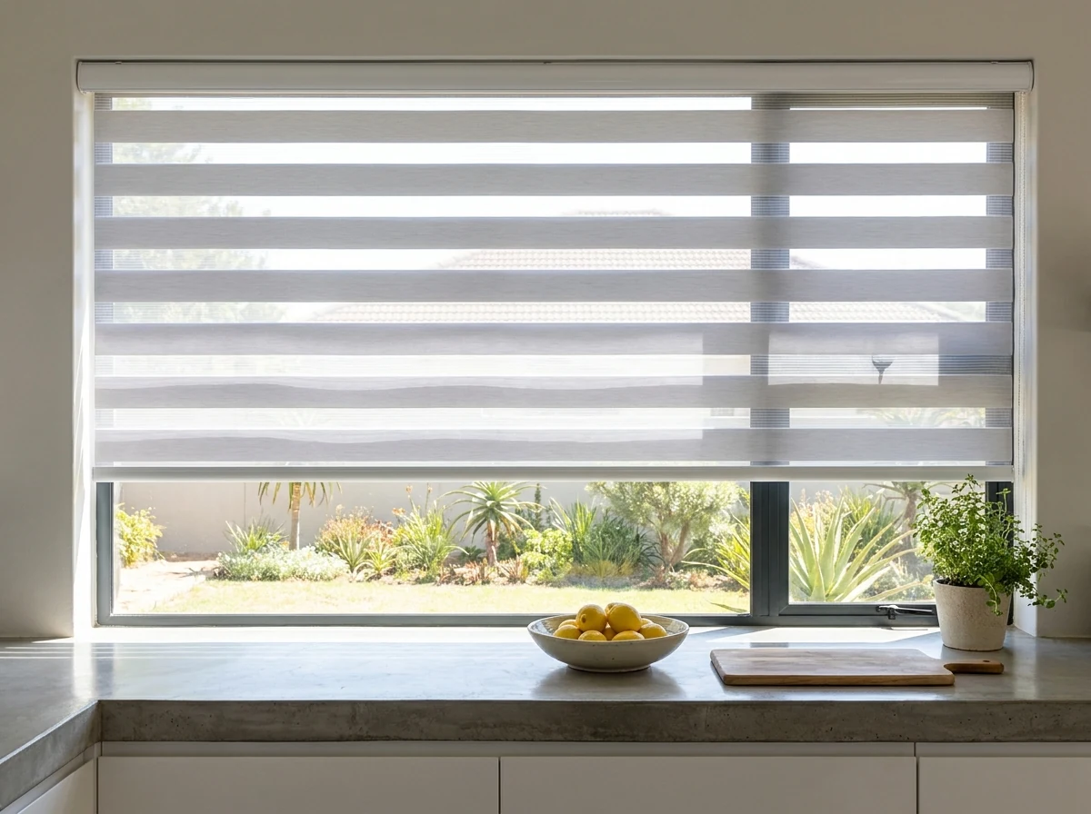 Day/night zebra blind fully lowered over a kitchen window above the countertop
