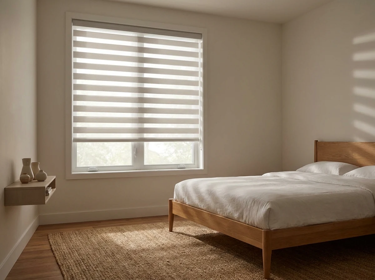 Day/night zebra blind partly drawn in a compact guest bedroom