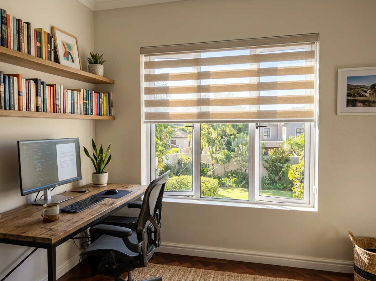 Day/night zebra blind half-open in a bright home office nook in a Rivonia townhouse