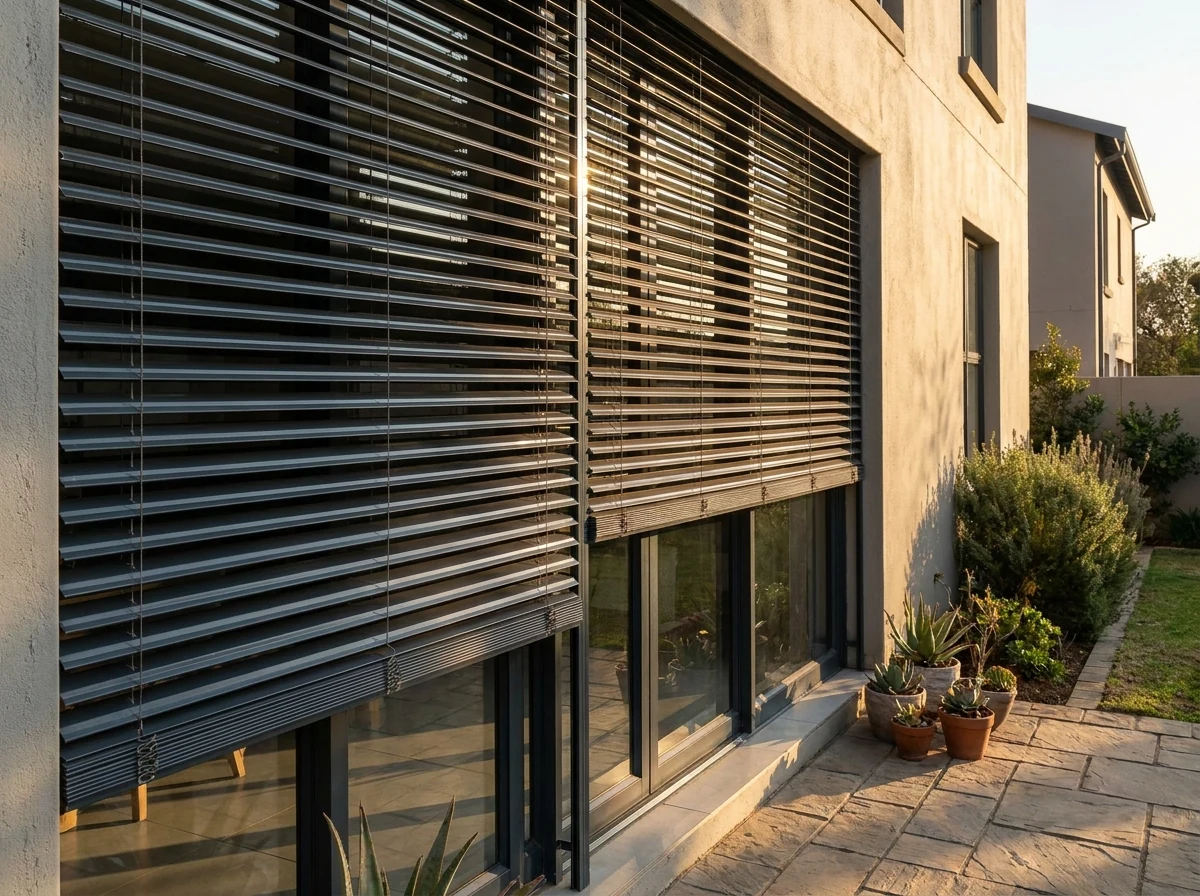 External venetian blinds partly closed over a ground-floor patio door