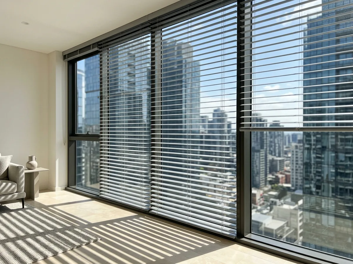 A motorised aluminium venetian blind with narrow flat slats tilted half open across floor-to-ceiling apartment glazing, throwing bars of afternoon light across a pale stone floor