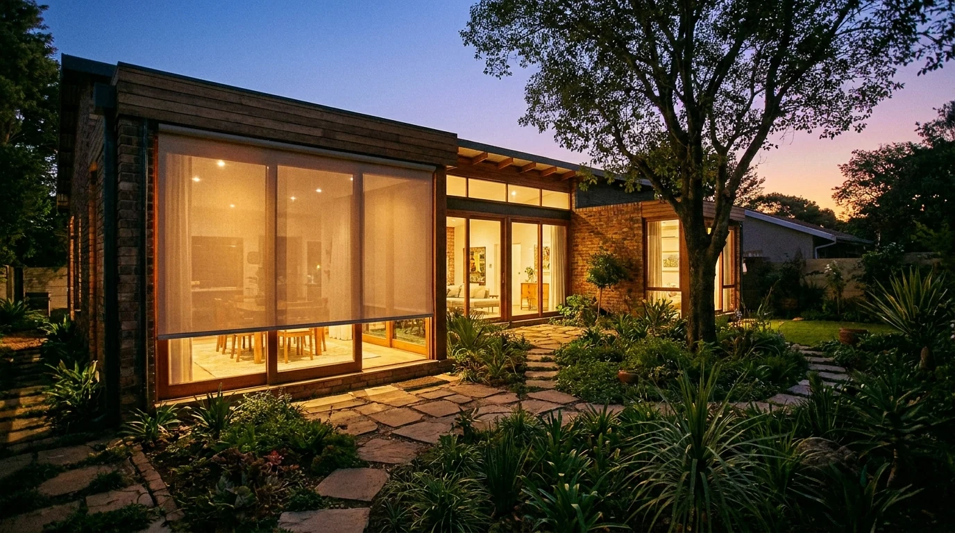 Hurlingham garden home at dusk with an exterior screen lowered over the timber-framed lounge glazing