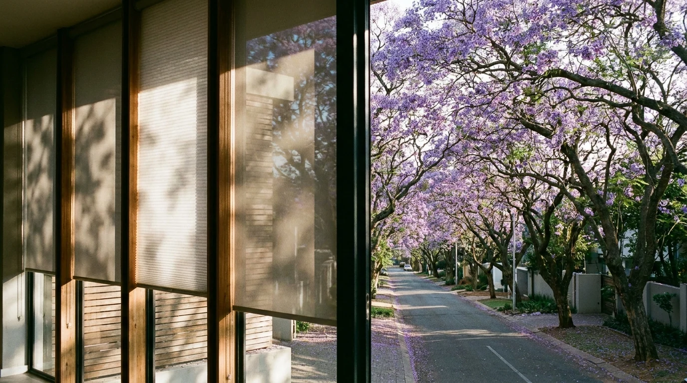 Sunscreen blinds on a wide Illovo window wall looking onto a jacaranda-lined street in full purple bloom