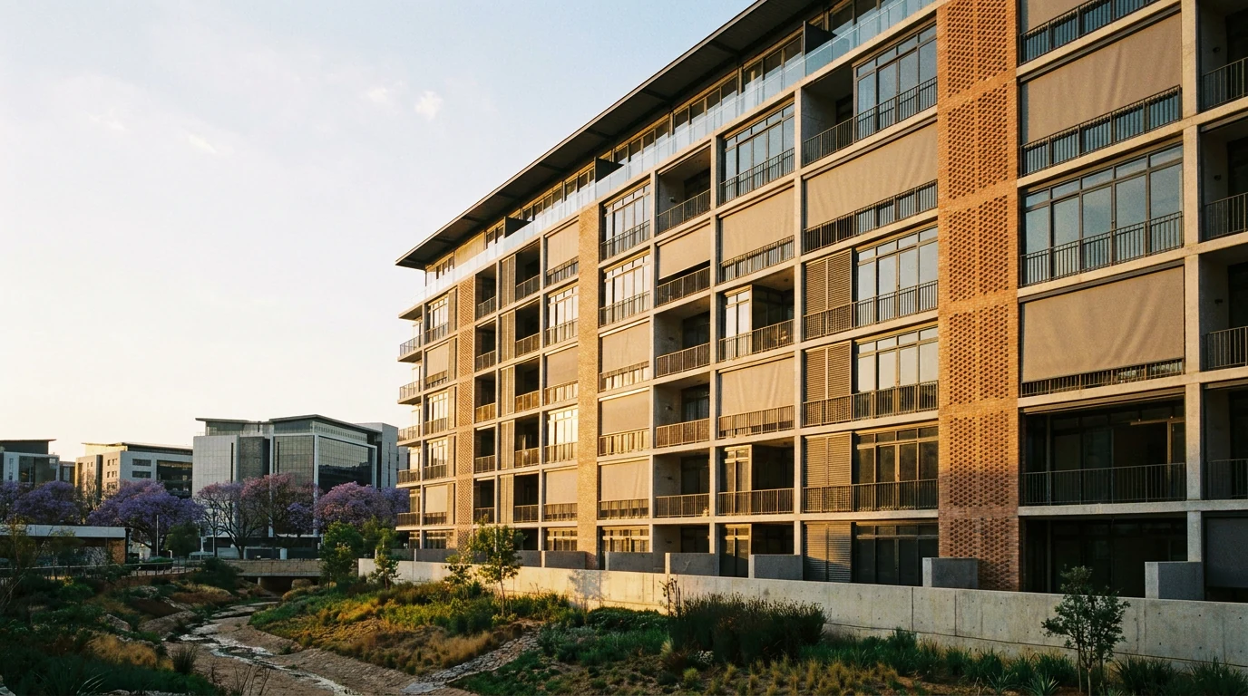 Rivonia apartment block at golden hour with balcony drop screens lowered across several units, jacarandas flowering below