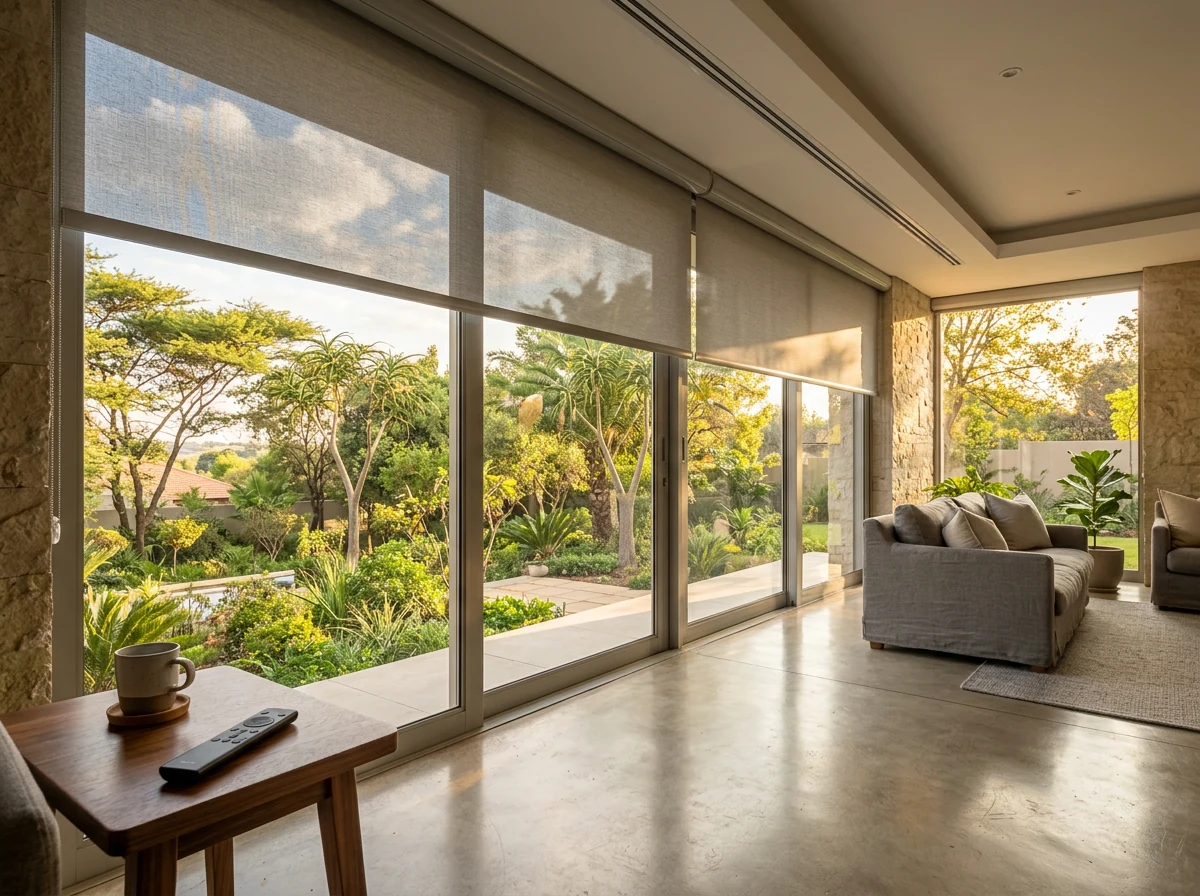 Motorised roller blind lowering over wide sliding doors opening onto a Hurlingham garden