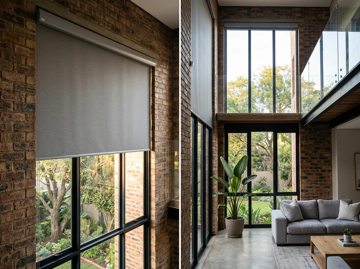 Motorised blind partway down a tall double-volume window in an Illovo home