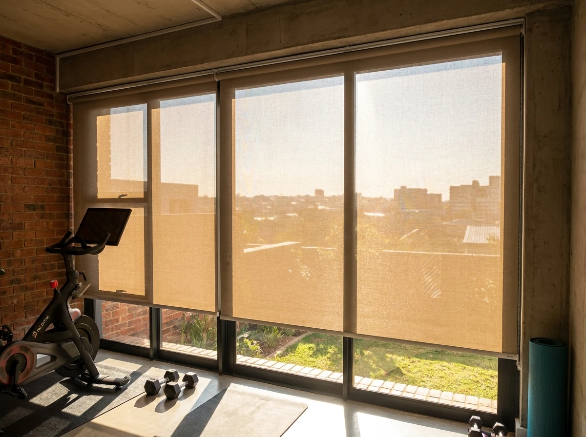 Motorised sunscreen blind lowered over a home gym window in a Morningside townhouse