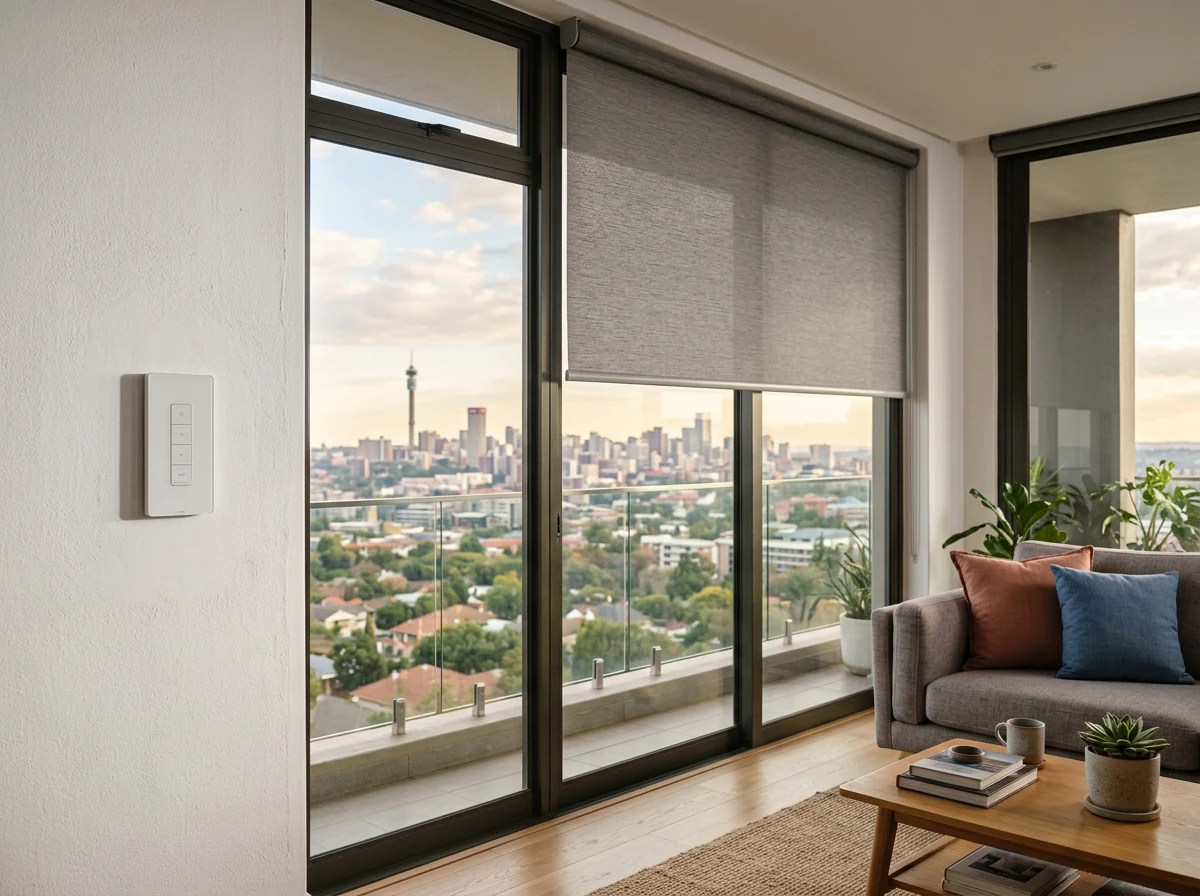 Motorised blind control panel beside a window with the blind half-lowered