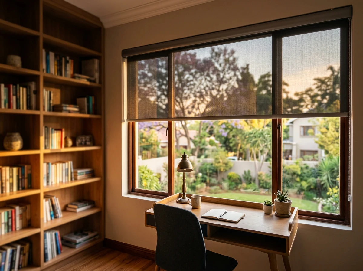 Motorised roller blind lowered over a study window, bookshelf in soft focus