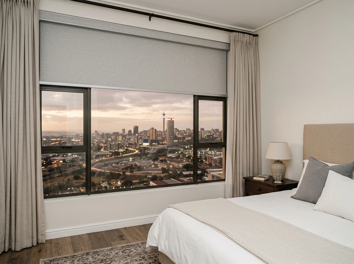 Motorised roller blind partly lowered over a bedroom window with a skyline view