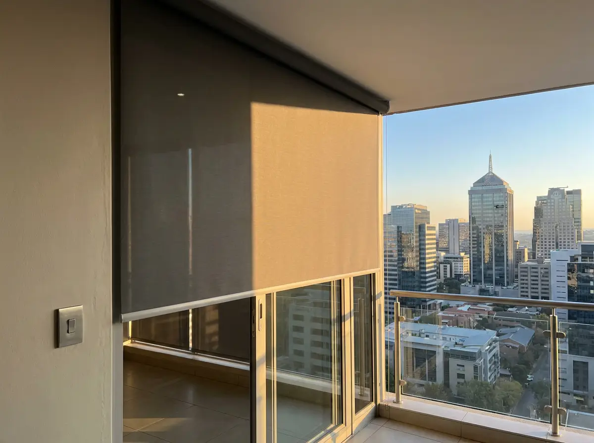 Motorised sunscreen roller blind lowering over a Sandown balcony with the Sandton skyline beyond