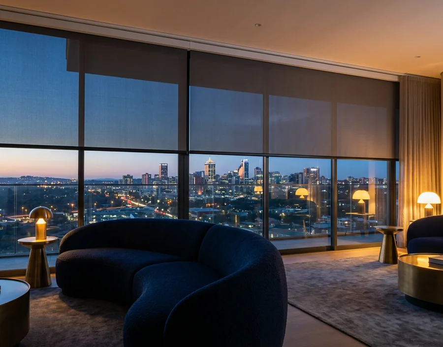 Motorised sunscreen blind paused a third of the way down a Sandown lounge glass wall at dusk, tower lights beyond