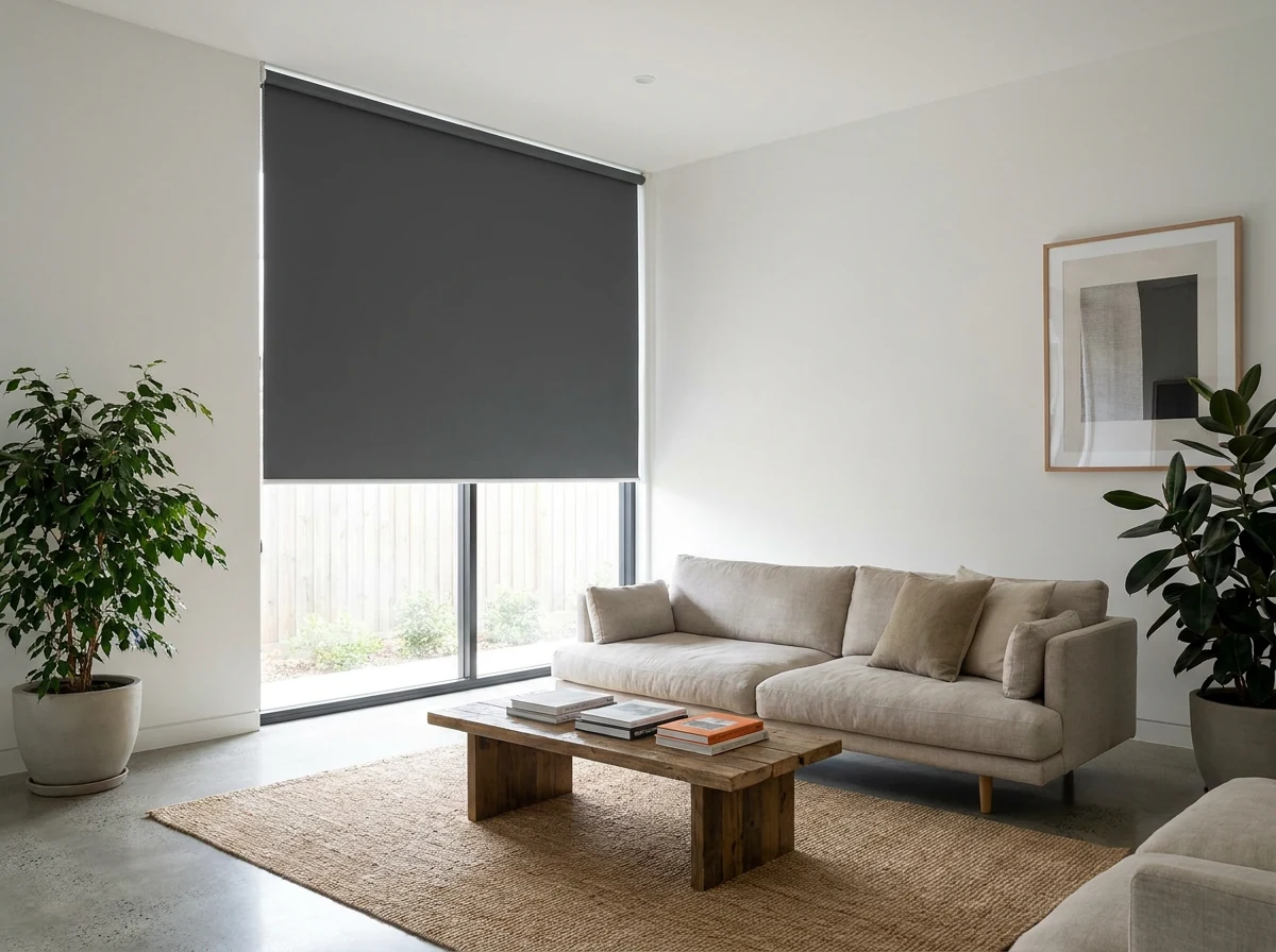 Blockout roller blind lowered in a living room in a Hurlingham renovated garden home