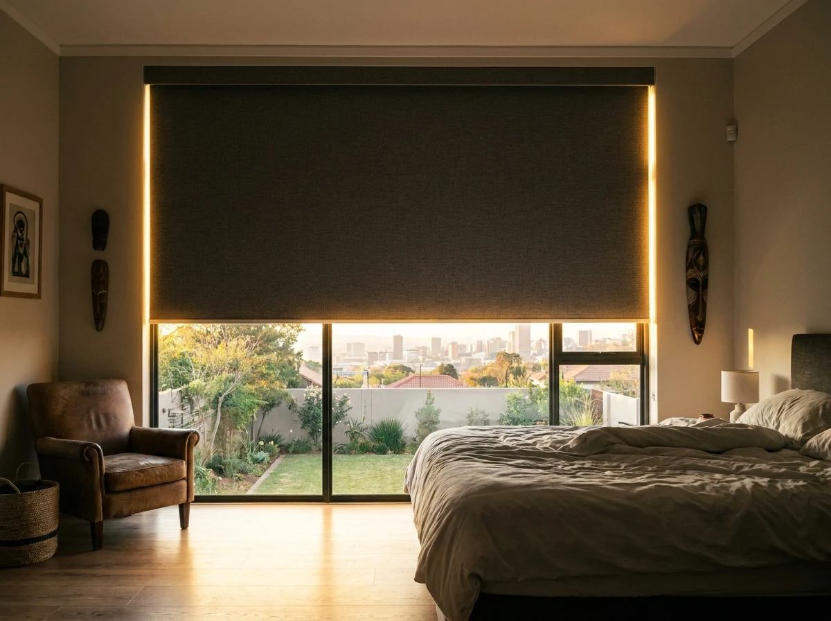 Blockout roller blind two-thirds lowered over a bedroom window in an Illovo home