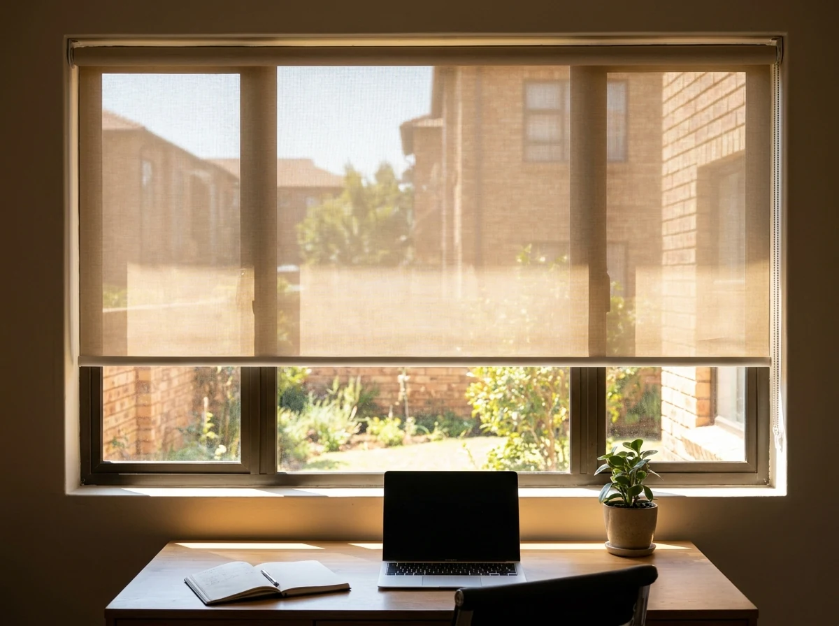 Sunscreen roller blind half-drawn over a home office window in a Morningside townhouse