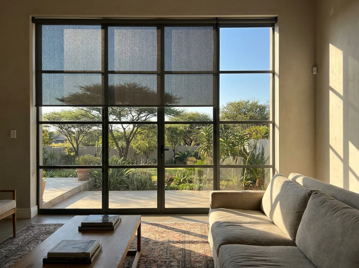 Blockout roller blind partly lowered over a lounge window with a garden view