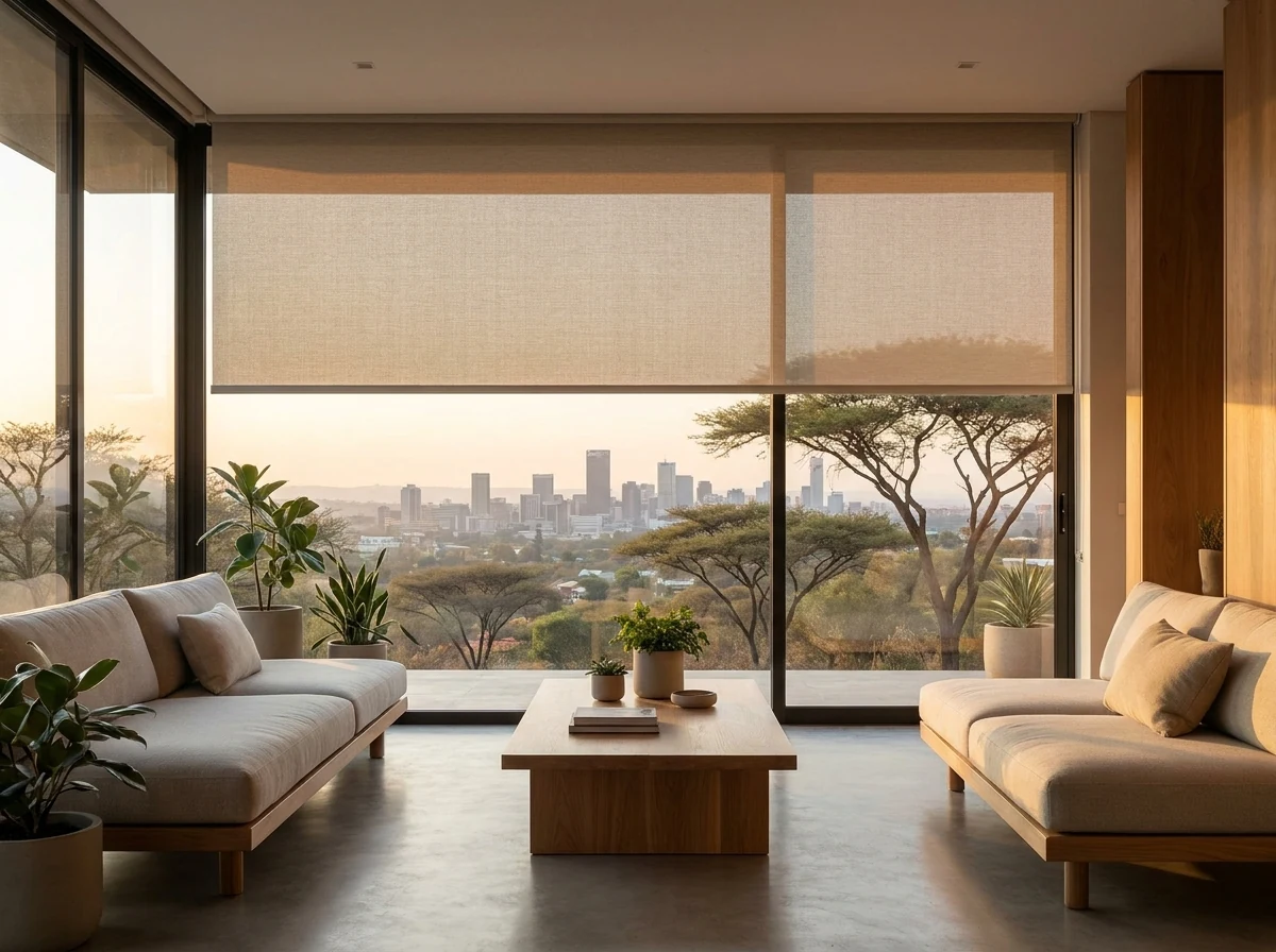 Motorised sunscreen roller blind mid-lower over a floor-to-ceiling living room window