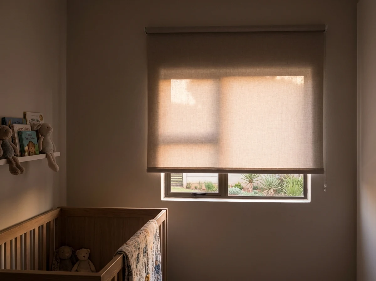 Blockout roller blind fully drawn over a small nursery window