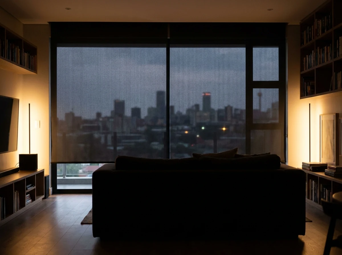 Blockout roller blind fully lowered over a media room window in a Rivonia home