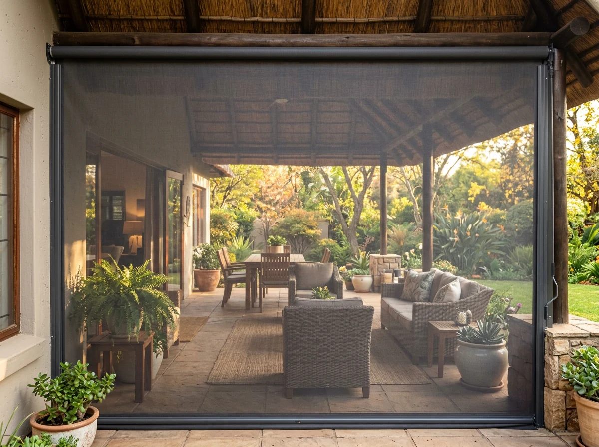 Zip-track screen blind closed across a covered patio doorway in a Hurlingham garden home