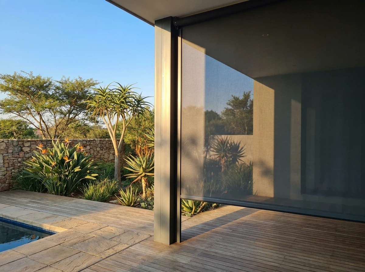 Zip-track screen blind half-raised on a poolside deck in Morningside