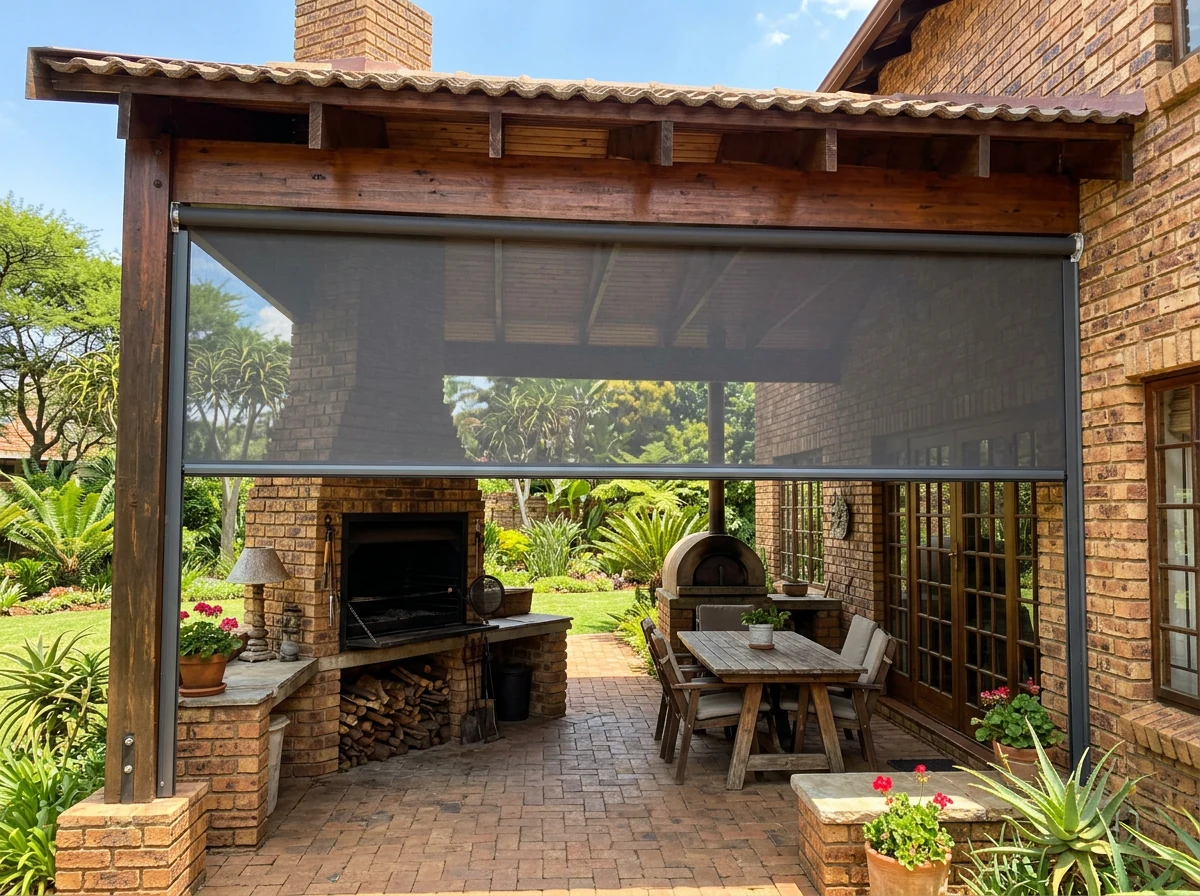 Zip-track screen blind partly lowered over a covered braai entertainment area