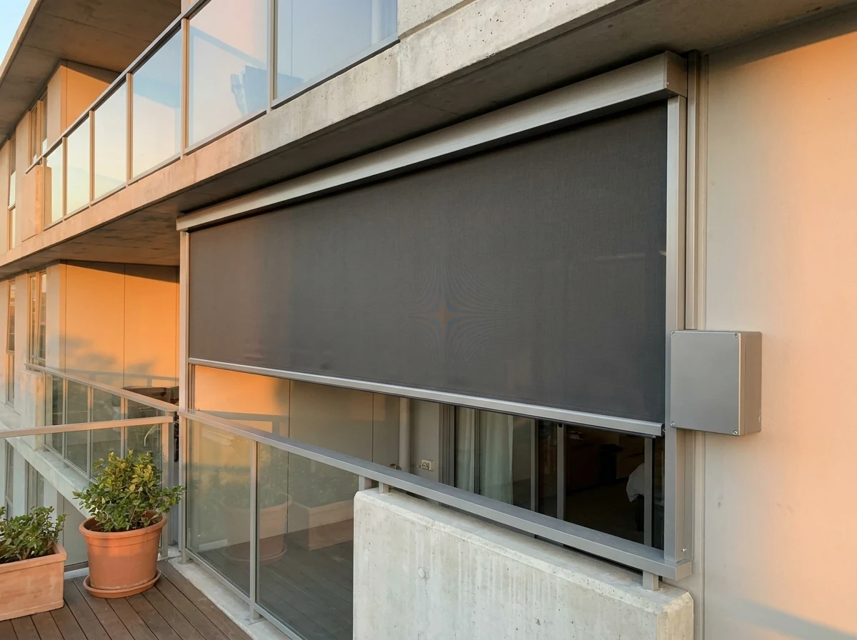 Motorised zip-track screen blind mid-travel down its aluminium track