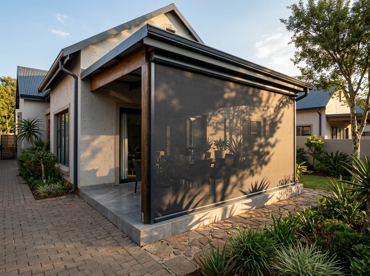 Zip-track screen blind closed across a ground-floor patio in a cluster home