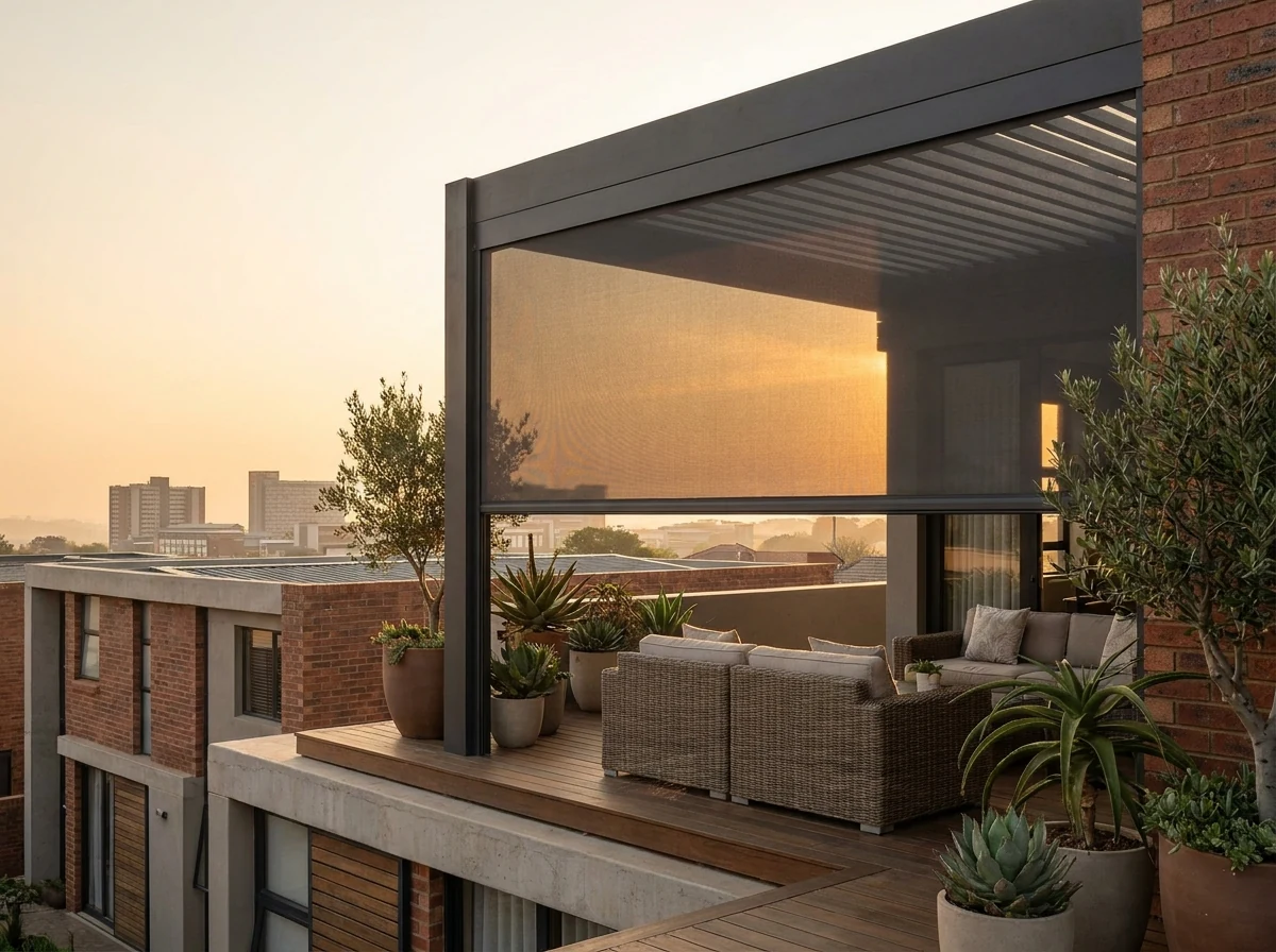 Zip-track screen blind drawn down over a rooftop terrace in a Rivonia townhouse complex