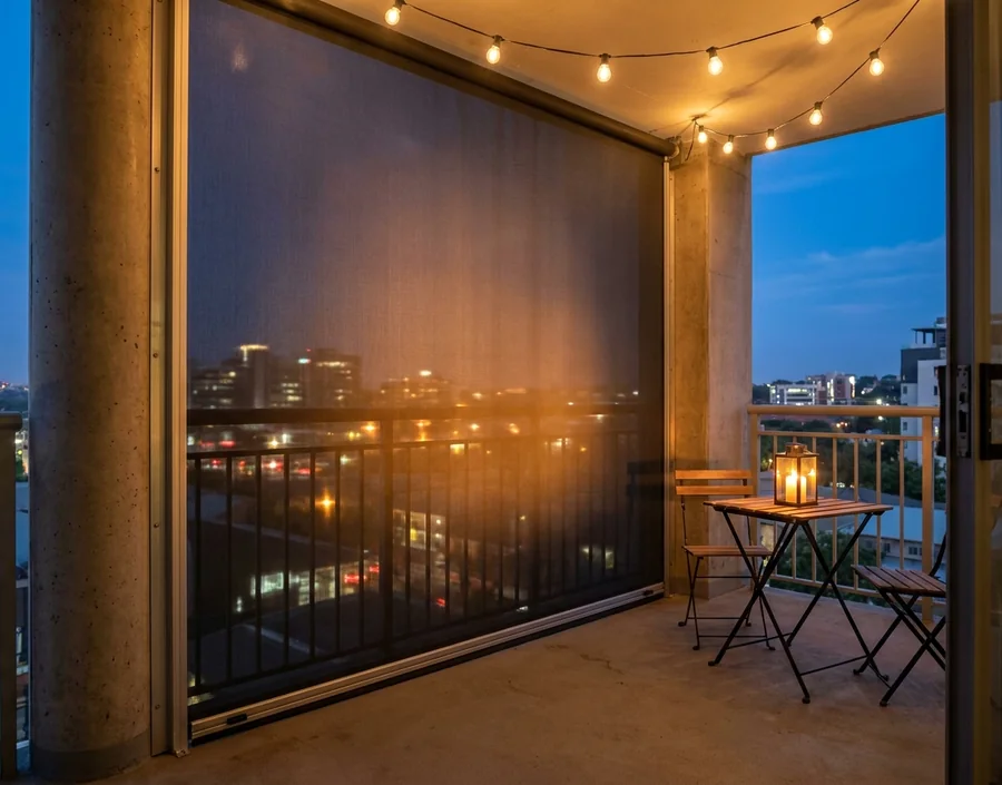 Mesh zip screen tensioned in its aluminium side channels across a Sandown balcony at blue-hour, festoon lights glowing above a bistro table